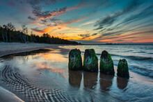 Sunset On The Beach Of The Baltic Sea In Gdansk, Poland