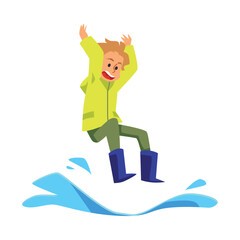 Wall Mural - Cheerful boy in rubber boots playing in puddle flat vector illustration isolated.