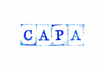 Sticker - Blue color ink rubber stamp in word CAPA (abbreviation of corrective action and preventive action) on white paper background