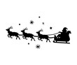 Black silhouette of Santa with reindeers and sleigh flying over the starry sky vector