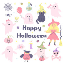 Cute Pink Pastel Halloween Set. Hand Drawn Magic Characters For Kids. Little Pink Ghosts, Pretty Witch, Cat, Owl, Skull, Spooky Pumpkin, Spider And Other.