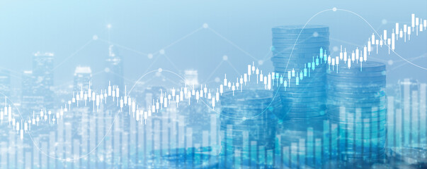 Wall Mural - double exposure of financial chart with line graph in stock market and stack of coins background