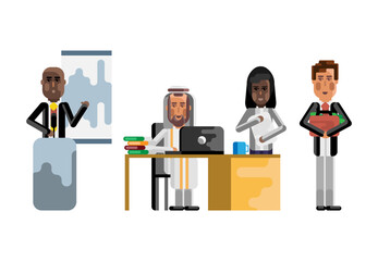 Wall Mural - Multiethnic teamwork in office, african speaker doing presentation on tribune, arab man working at computer. Corporate multicultural business people isolated vector illustration.