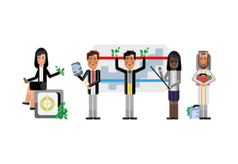 Wall Mural - Multiethnic business team doing presentation before asian businesswoman sitting on bank safe and arabic investor. Corporate multicultural business people isolated vector illustration.