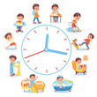 Boy daily routine. Children everyday activities and habits. Dial clock. Kids scheduling. Hygiene or studying. Teen eating and sleeping. Time to training or reading. Splendid vector concept