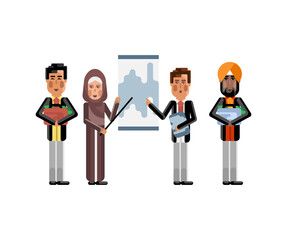 Poster - Multiethnic business team doing presentation near whiteboard before european and indian depositors. Corporate multicultural business people isolated vector illustration.