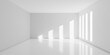 Empty white interior room with sun from multiple windows and reflective floor, modern architecture template background