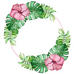 Wall Mural - Tropical plant watercolor decoration  illustration. Round frame.