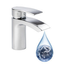 Wall Mural - Lack of water concept, earth in water drop dripping from faucet. Elements of this image furnished by NASA.