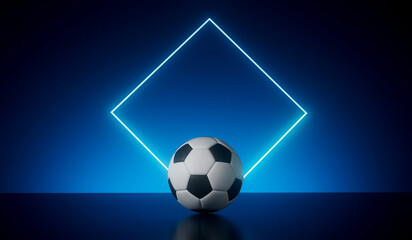 Wall Mural - Blue neon futuristic frame with a soccer football. 3D Rendering