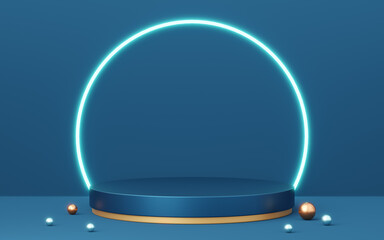 Wall Mural - 3D blue cylinder pedestal with gold border, ball, neon lighting on copy space background. Empty modern podium mockup. Abstract technology dark minimal geometric object. 3d render illustration.