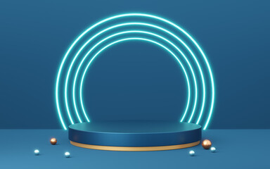 Wall Mural - 3D blue cylinder pedestal with gold border, ball, neon lighting on copy space background. Empty modern podium mockup. Abstract technology dark minimal geometric object. 3d render illustration.