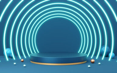 Wall Mural - 3D blue cylinder pedestal with gold border, ball, neon lighting on copy space background. Empty modern podium mockup. Abstract technology dark minimal geometric object. 3d render illustration.
