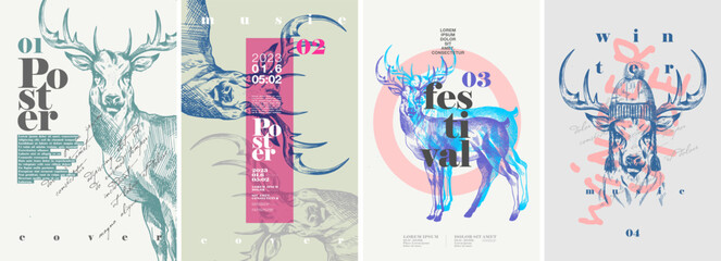 Wall Mural - deer. scandinavian theme. set of abstract vector illustrations. typography and background engraving 