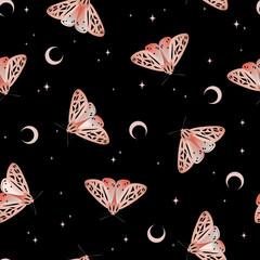 Wall Mural - Seamless pattern with pink moth and moon on black background. Vector texture for print, textile, fabric, packaging.