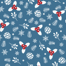 Christmas Design Elements - Berry, Branches, Snowflake, Bell, Bow, Poinsettia, Acorns, Fir Trees, Gift And Candy Cane. Seamless Pattern Perfect For Greeting Cards