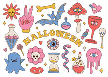 Groovy Halloween Elemenst Set In Retro Hippie 70s Style. Psychedelic Collection Of Hippie Design Stickers. The Power Of Monster Magic. Linear Hand Drawn Illustration.