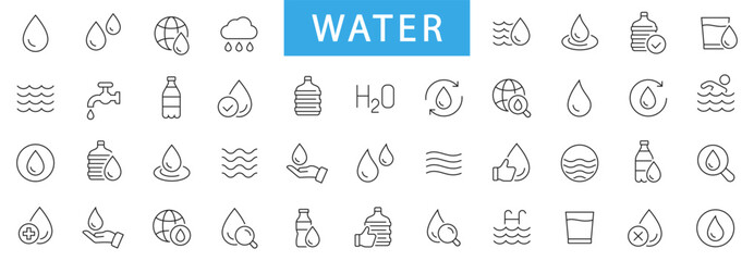 Water thin line icons set. Water editable stroke icons set. Water Drop symbol. Vector