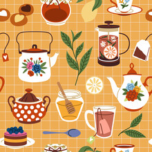 Tea Time Seamless Pattern. Tasty Breakfast Sweets And Desserts With Hot Drinks Mugs And Ceramic Cups, Sweet Cakes, Pastries Jam And Honey, Kettle And Teapot. Decor Textile Tidy Vector Print