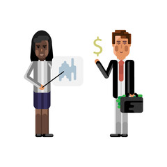 Poster - African woman doing business presentation with financial diagram and european investor holding money suitcase. Corporate multicultural business people vector illustration.