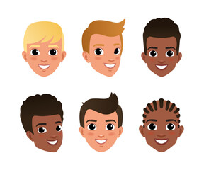 Wall Mural - Cute boys faces set. Smiling boys characters constructor for animation cartoon vector illustration