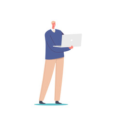 Wall Mural - male character standing with laptop in hands isolated on white background. freelancer, programmer, c