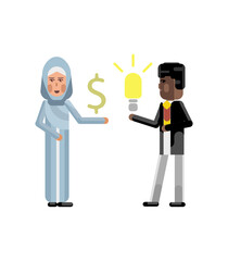 Canvas Print - African businessman holding idea light bulb and arabic businesswoman in hijab with dollar sign in hand. Corporate multicultural business people vector illustration.