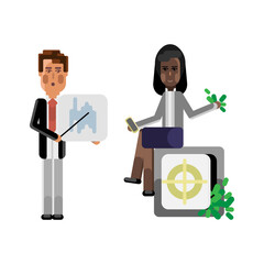 Poster - European businessman showing financial diagram and african businesswoman with smartphone sitting on bank safe full of money. Corporate multicultural business people vector illustration.