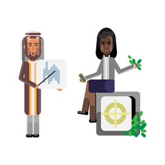 Sticker - Arabic businessman showing financial diagram and african businesswoman with smartphone sitting on bank safe full of money. Corporate multicultural business people vector illustration.