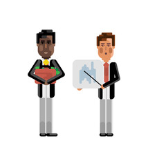 Poster - European businessman showing financial diagram and african investor holding money suitcase. Corporate multicultural business people isolated vector illustration.