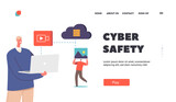 Fototapeta Londyn - Cyber Safety Landing Page Template. Personal Data Protection in Internet, Computer and Account Cybersecurity