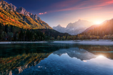 Aufkleber - Incredible nature landscape. Amazing Lake Jasna with of a mirror reflection. Stunning vivid nature scenery of Slovenia. Wild nature image. Concept ideal resting place. Scenic image in Autumn time