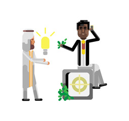 Canvas Print - Arabic businessman holding idea light bulb and african investor with smartphone sitting on bank safe full of money. Corporate multicultural business people isolated vector illustration.