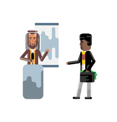 Wall Mural - Arabic speaker on tribune doing business presentation and african investor holding money suitcase. Corporate multicultural business people isolated vector illustration.