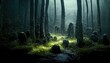 Dark forest at night with dark tree trunks, grass and stones 3d illustration