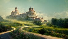 Palace With Towers, Green Fields With A Path And Bushes Under A Blue Sky With White Clouds 3d Illustration