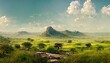 Landscape of savannah, nature with green trees, rocks and a field under a blue clear sky 3d illustration