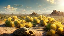 Desert With Golden Sand Dunes, Dry Yellow Grass And Rocks Under Blue Sky 3d Illustration