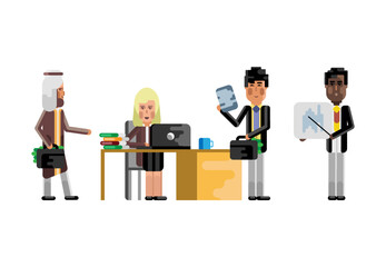 Poster - Multiethnic teamwork in office, black man doing presentation, blonde woman working at computer, arab man with suitcase. Corporate multicultural business people isolated vector illustration.