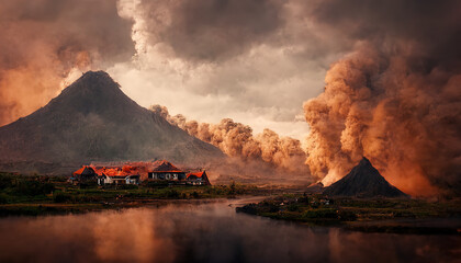 Sticker - Active volcano with clouds of black smoke, houses at the foot of the volcano 3d illustration