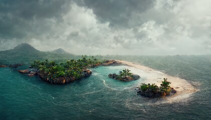 Poster - Blue sea with a desert island with yellow sand on the beach, palm trees and rocky mountains under a cloudy sky 3d illustration