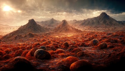 Sticker - Alien planet landscape with orange earth, mountains, stars in the sky 3d illustration