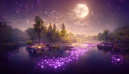 Wall Mural - Night forest with glowing fireflies over a purple pond under the trees 3d illustration