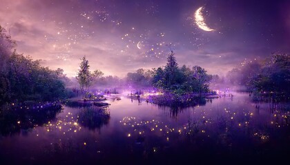 Wall Mural - Night forest with a full moon in the sky with glowing fireflies over a purple lake under the trees 3d illustration