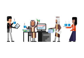 Poster - Business meeting arab businessmen in office, indian secretary with coffee cups, asian man with tablet pc. Corporate multiethnic business people isolated vector illustration.