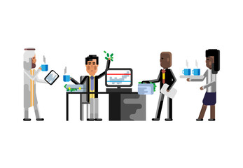 Poster - Multiethnic business staff in office, african investor with money suitcase, arab man with tablet pc. Corporate multicultural business people isolated vector illustration.