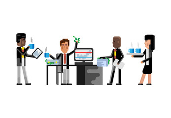 Wall Mural - Multiethnic business staff in office, african businessman with tablet pc and asian secretary with coffee cups. Corporate multicultural business people isolated vector illustration.