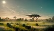 African landscape with acacia trees and green grass early in the morning 3d illustration