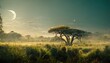 African landscape in the early morning with the moon in the sky, with acacia trees and green grass 3d illustration