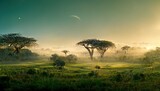 African landscape in the early morning with acacia trees and green grass 3d illustration